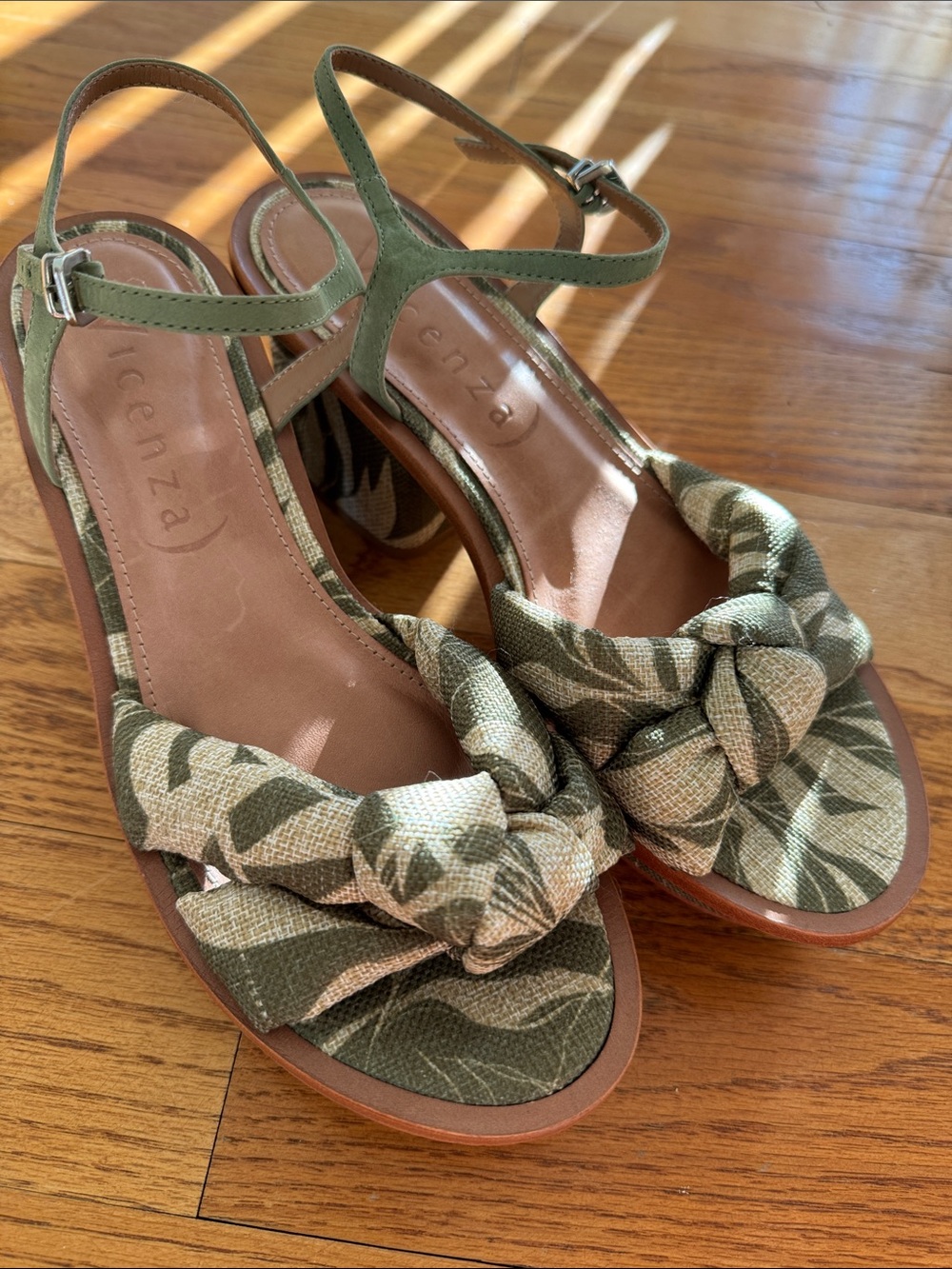 Vicenza Olive Leaf-Print Knot Ankle-Strap Heels